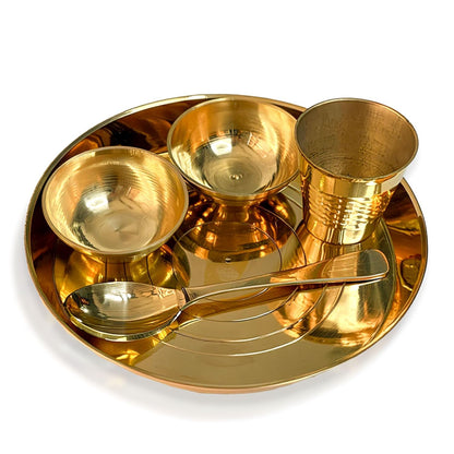 Dharmsaar Brass Laddu Gopal Puja Thali Set, 5-Piece Kanha Ji Bhog Thali with Plate, Bowls, Glass & Spoon for Home Temple