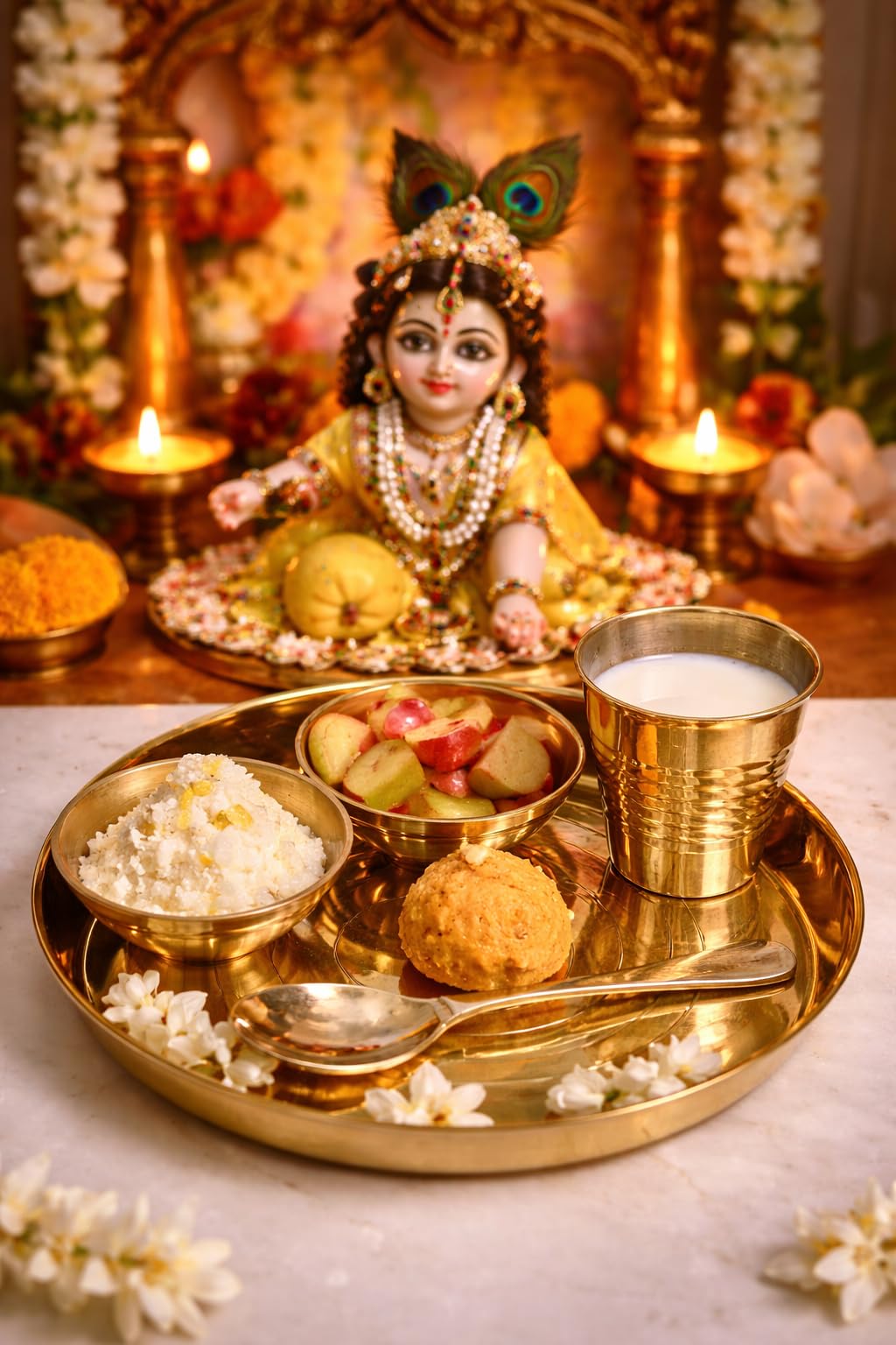 Dharmsaar Brass Laddu Gopal Puja Thali Set, 5-Piece Kanha Ji Bhog Thali with Plate, Bowls, Glass & Spoon for Home Temple - fr