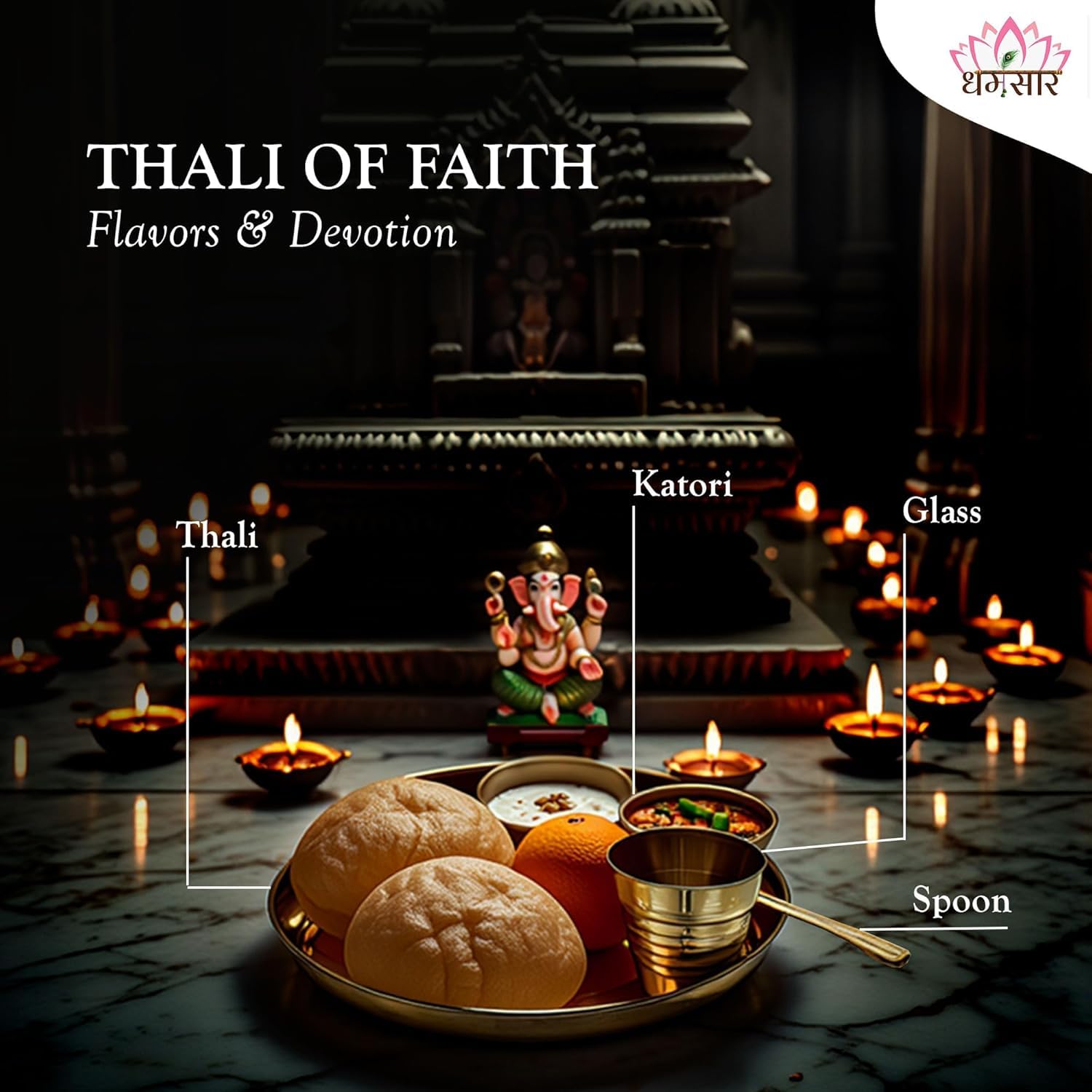 Dharmsaar Brass Laddu Gopal Puja Thali Set, 5-Piece Kanha Ji Bhog Thali with Plate, Bowls, Glass & Spoon for Home Temple - ba