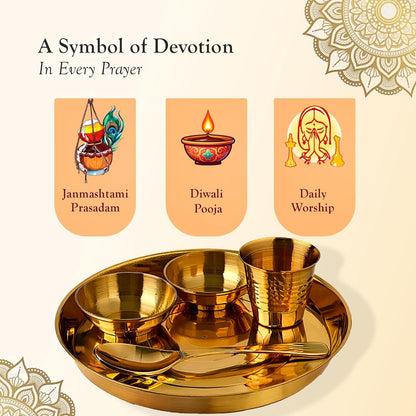 Dharmsaar Brass Laddu Gopal Puja Thali Set, 5-Piece Kanha Ji Bhog Thali with Plate, Bowls, Glass & Spoon for Home Temple - la