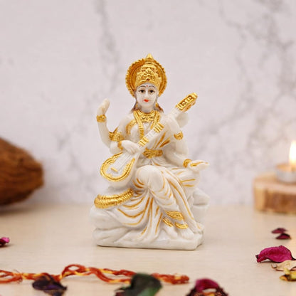 DHARVIK CRAFT HUB Goddess Saraswati Idol Figurine, 3 Inch, White & Gold Finish Resin Murti with Veena for Home Mandir Decor