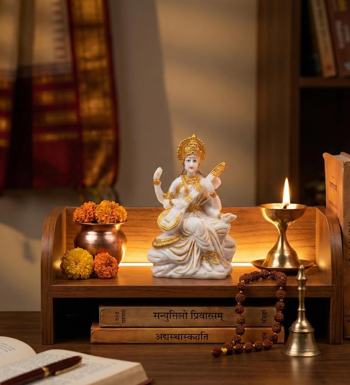 DHARVIK CRAFT HUB Goddess Saraswati Idol Figurine, 3 Inch, White & Gold Finish Resin Murti with Veena for Home Mandir Decor -