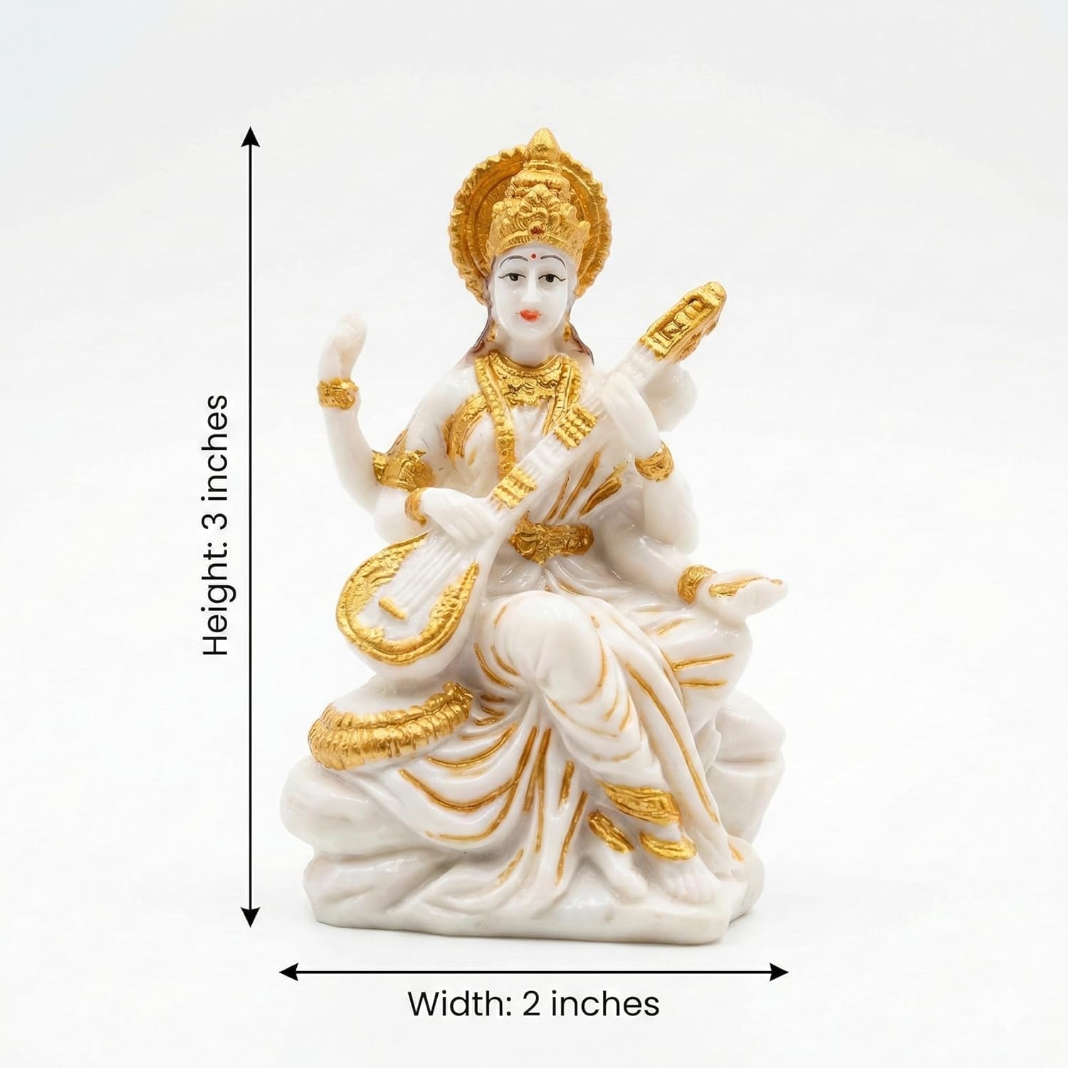 DHARVIK CRAFT HUB Goddess Saraswati Idol Figurine, 3 Inch, White & Gold Finish Resin Murti with Veena for Home Mandir Decor -