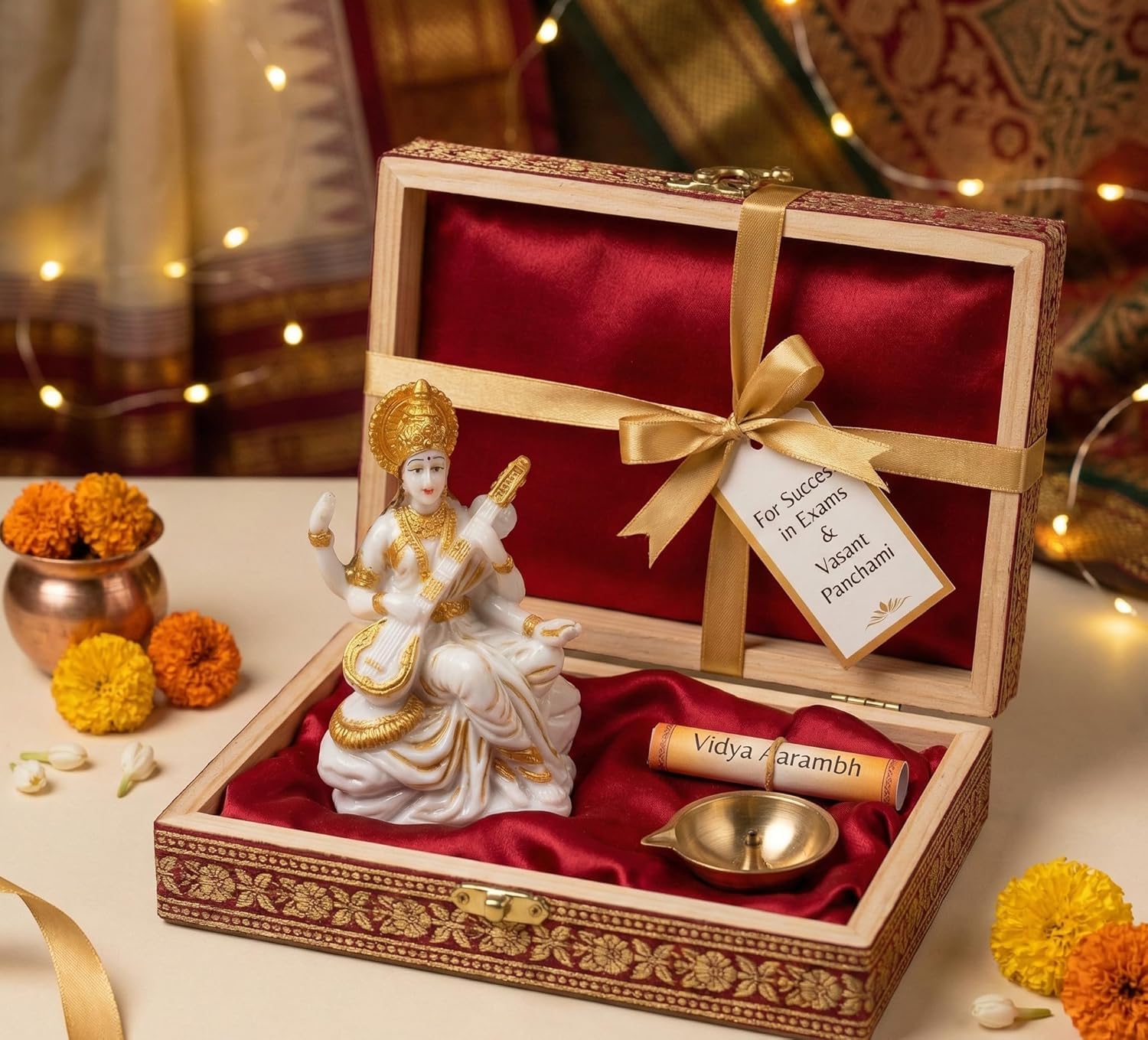 DHARVIK CRAFT HUB Goddess Saraswati Idol Figurine, 3 Inch, White & Gold Finish Resin Murti with Veena for Home Mandir Decor -