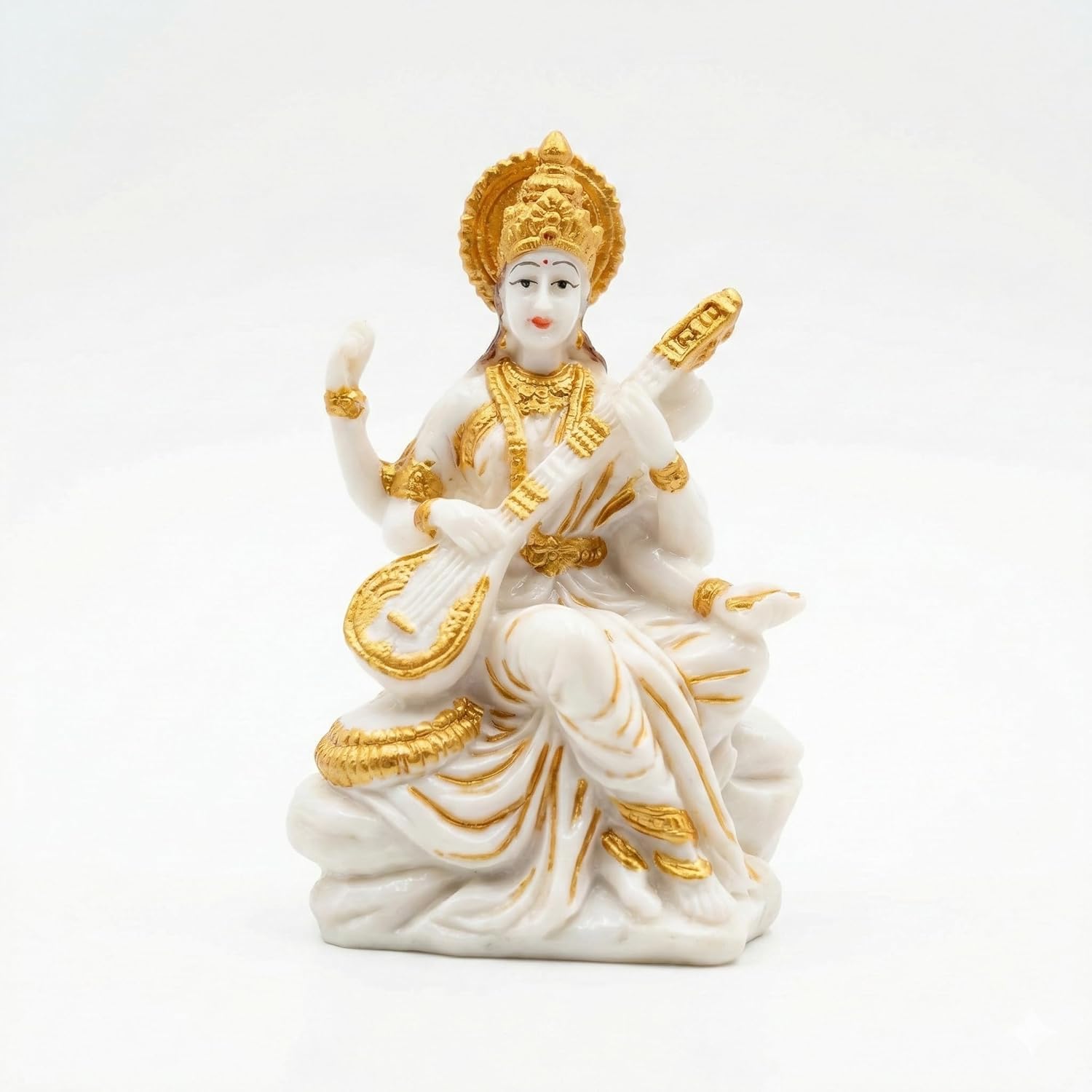DHARVIK CRAFT HUB Goddess Saraswati Idol Figurine, 3 Inch, White & Gold Finish Resin Murti with Veena for Home Mandir Decor -