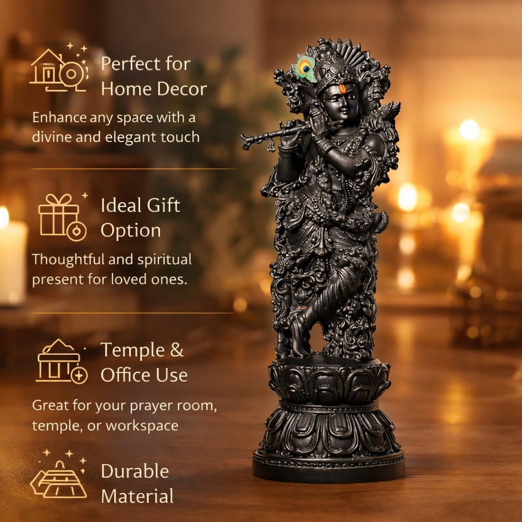DHARVIK CRAFT HUB Lord Krishna Idol, Marble Finish Resin Figurine, 300g, for Car Dashboard & Home Decor - close-up detail