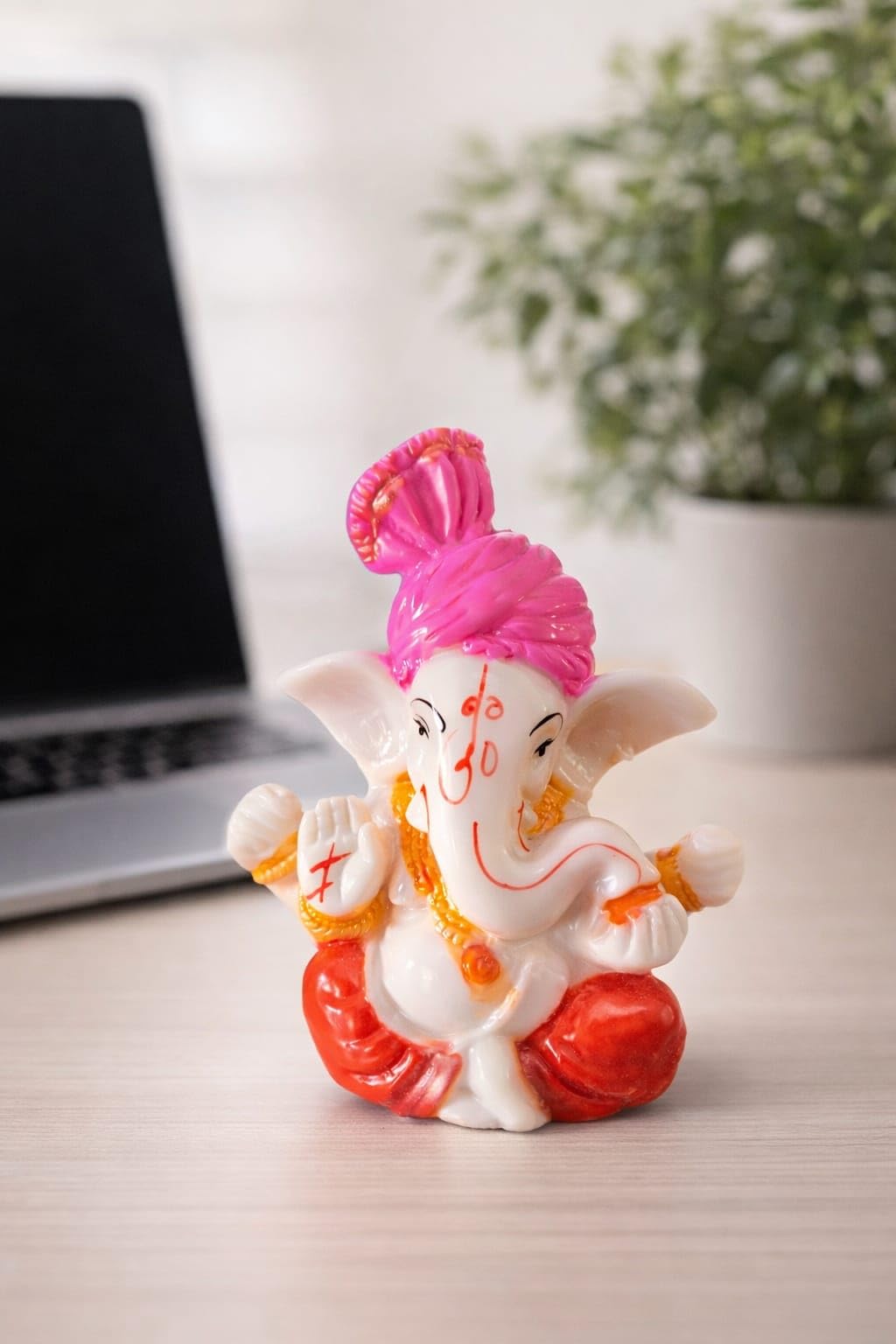 Dhundad Market Lord Ganesha Idol, 4 Inch, Marble Finish, Pink & White - Car Dashboard Decor Figurine