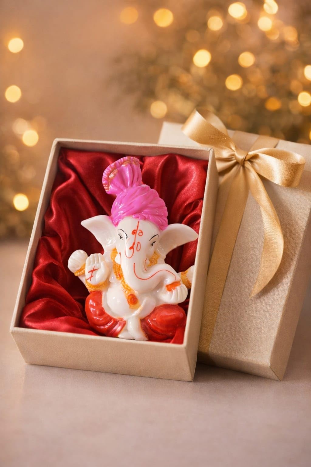 Dhundad Market Lord Ganesha Idol, 4 Inch, Marble Finish, Pink & White - Car Dashboard Decor Figurine - front view