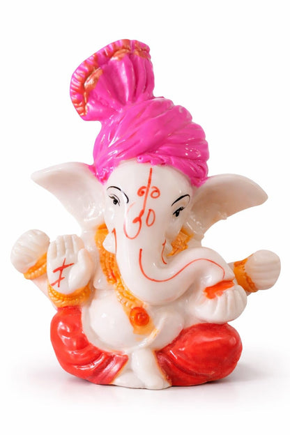 Dhundad Market Lord Ganesha Idol, 4 Inch, Marble Finish, Pink & White - Car Dashboard Decor Figurine - back view