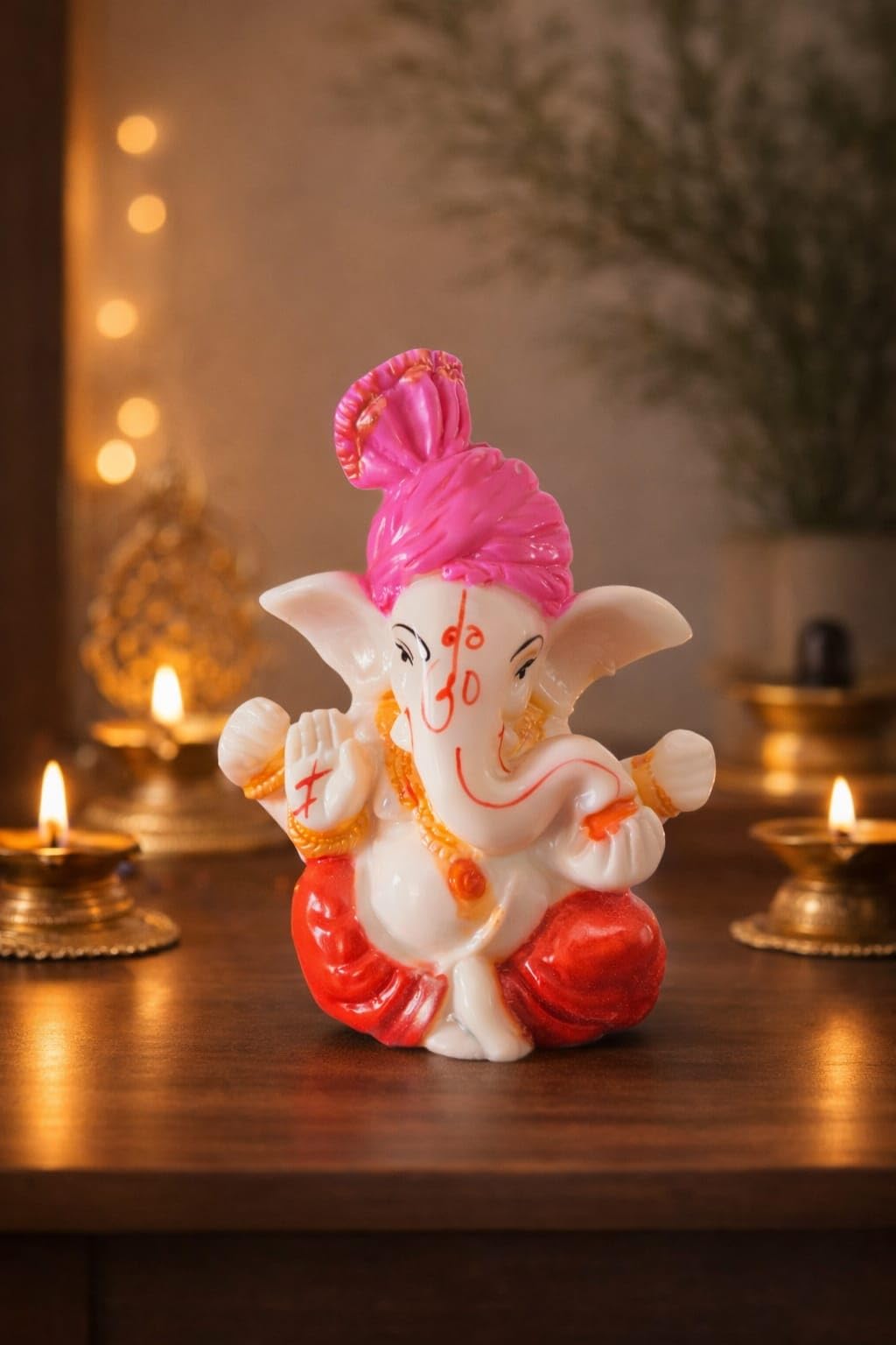 Dhundad Market Lord Ganesha Idol, 4 Inch, Marble Finish, Pink & White - Car Dashboard Decor Figurine - packaging