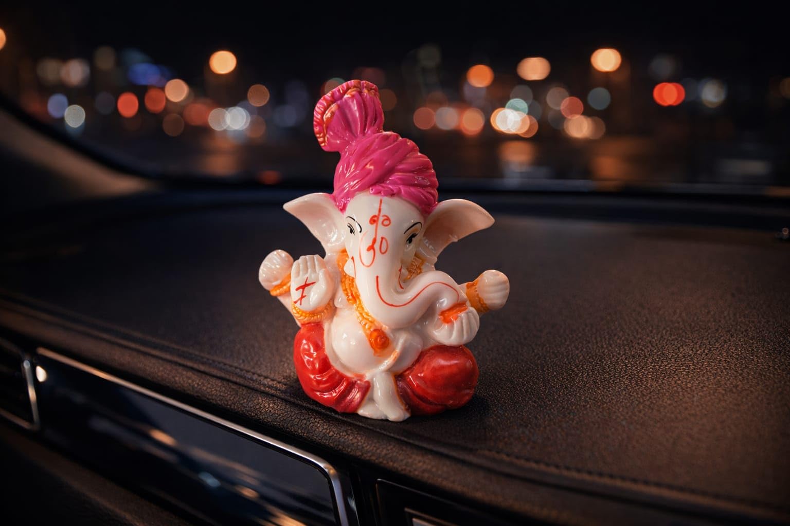 Dhundad Market Lord Ganesha Idol, 4 Inch, Marble Finish, Pink & White - Car Dashboard Decor Figurine - label detail