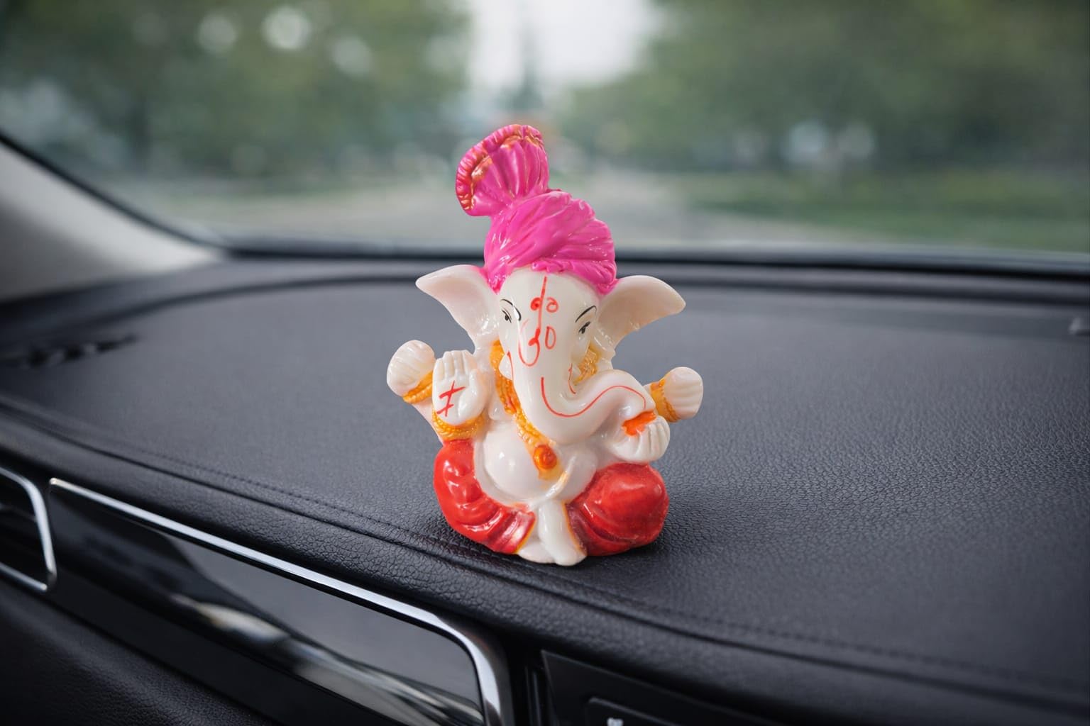 Dhundad Market Lord Ganesha Idol, 4 Inch, Marble Finish, Pink & White - Car Dashboard Decor Figurine - close-up detail