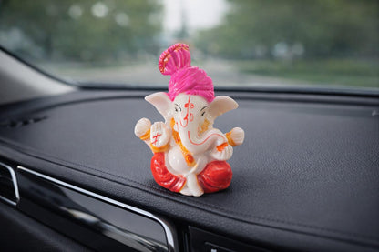 Dhundad Market Lord Ganesha Idol, 4 Inch, Marble Finish, Pink & White - Car Dashboard Decor Figurine - close-up detail
