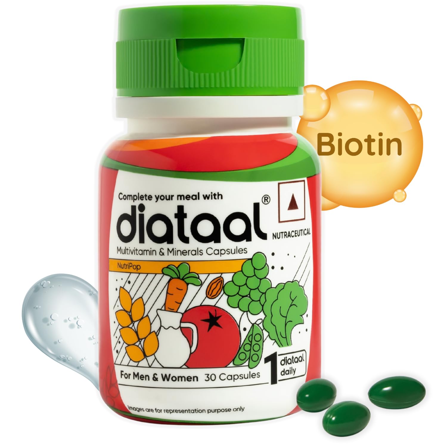 Diataal Multivitamin Supplement with Biotin B12 Niacin Zinc Folic Acid, 30 Capsules, Adult - ingredients panel