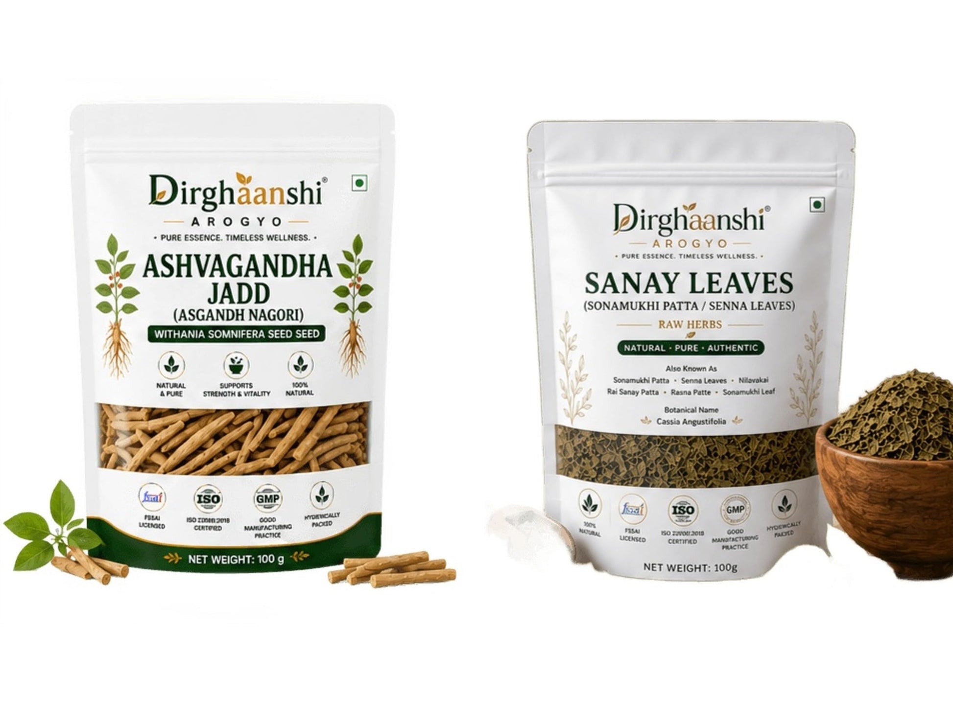 Dirghaanshi Ashwagandha Root and Senna Leaves Combo, 2x100g, Herbal Grocery