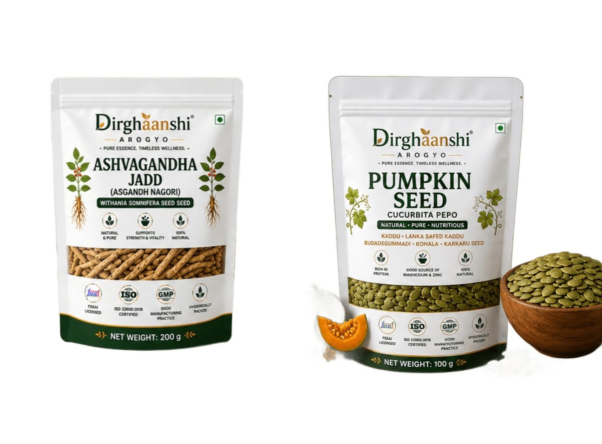 Dirghaanshi Ashwagandha Root Asgandh Nagori Raw Herb 200g & Pumpkin Seeds Kaddu Beej Raw 100g Combo - Herbal Root and Seeds f