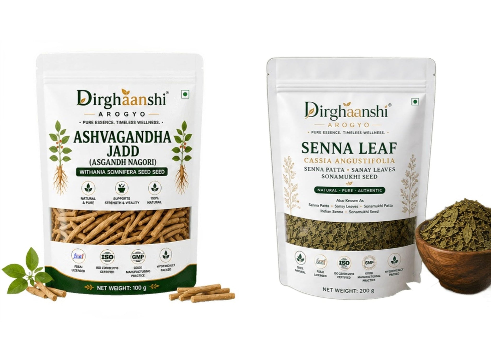 Dirghaanshi Ashwagandha Root Raw Herb 100g & Senna Leaves 200g Herbal Combo