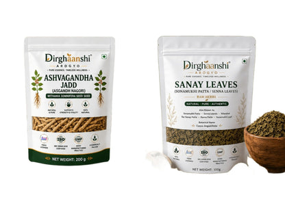 Dirghaanshi Ashwagandha Root Raw Herb 200g & Senna Leaves 100g Herbal Combo