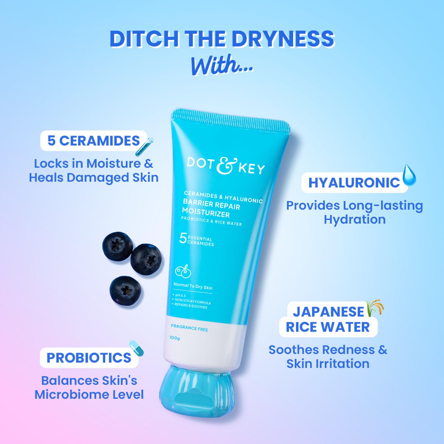 DOT & KEY Barrier Repair Moisturizer for Face, 50g, with 5 Ceramides, Hyaluronic Acid, Japanese Rice Water, Non-Comedogenic -