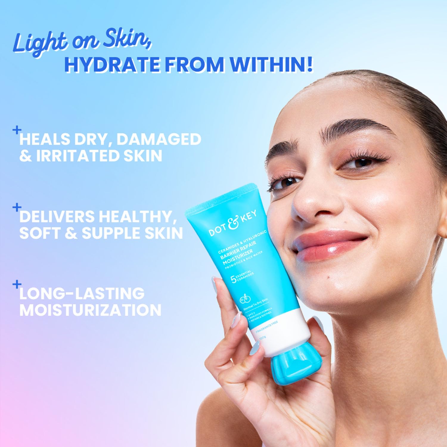 DOT & KEY Barrier Repair Moisturizer for Face, 50g, with 5 Ceramides, Hyaluronic Acid, Japanese Rice Water, Non-Comedogenic -