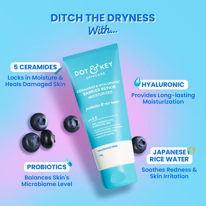 DOT & KEY Barrier Repair Moisturizer for Face, 50g, with 5 Ceramides, Hyaluronic Acid, Japanese Rice Water, Non-Comedogenic -