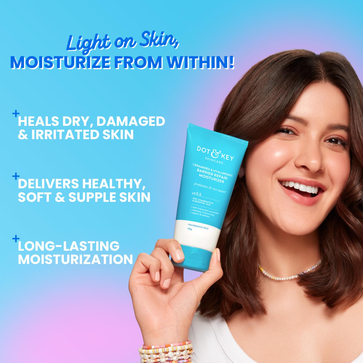 DOT & KEY Barrier Repair Moisturizer for Face, 50g, with 5 Ceramides, Hyaluronic Acid, Japanese Rice Water, Non-Comedogenic -