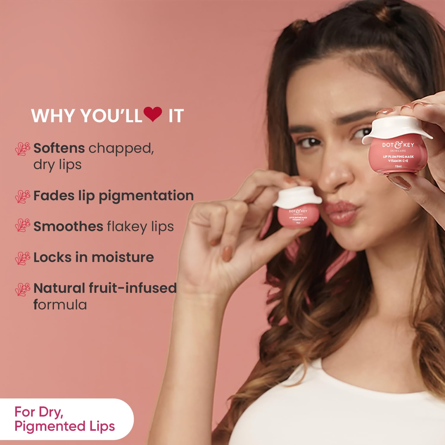 DOT & KEY Lip Mask with Shea Butter, Hyaluronic Acid, Vitamin C & E, 15ml, Tinted Lip Balm - front view