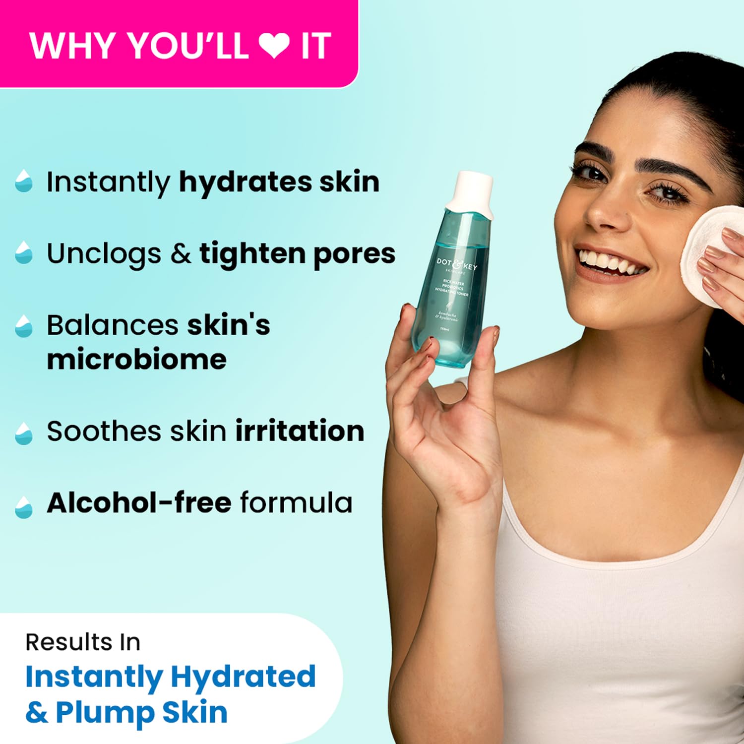 Dot & Key Rice Water Hydrating Toner with Hyaluronic Acid and Probiotics, 150ml, Alcohol-Free Facial Toner for All Skin Types