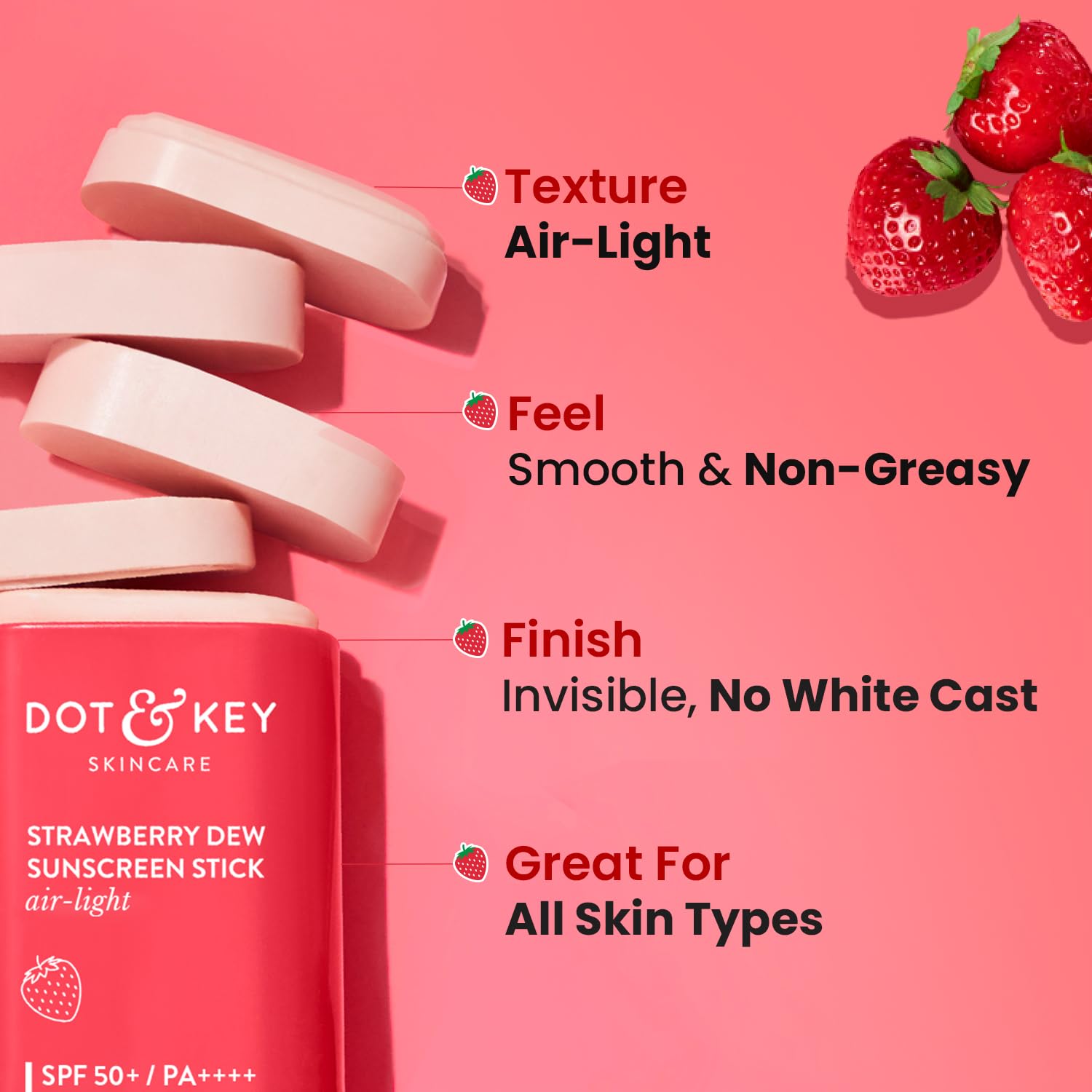 Dot & Key Strawberry Dew SPF 50 Sunscreen Stick Air Light, 20g, Broad Spectrum UVA/UVB, Non-Comedogenic, Fragrance-free - bac