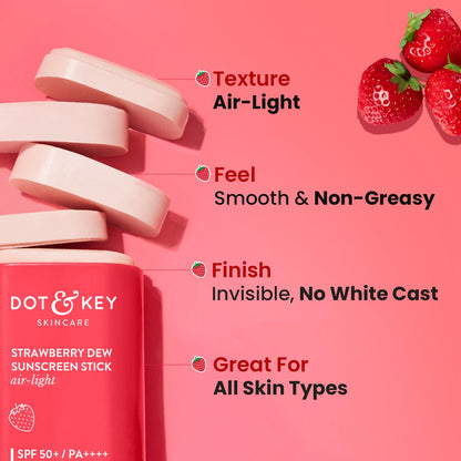 Dot & Key Strawberry Dew SPF 50 Sunscreen Stick Air Light, 20g, Broad Spectrum UVA/UVB, Non-Comedogenic, Fragrance-free - bac