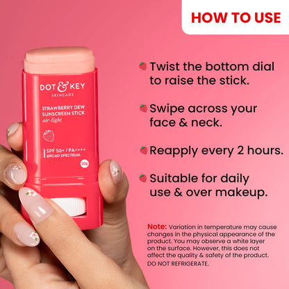 Dot & Key Strawberry Dew SPF 50 Sunscreen Stick Air Light, 20g, Broad Spectrum UVA/UVB, Non-Comedogenic, Fragrance-free - clo