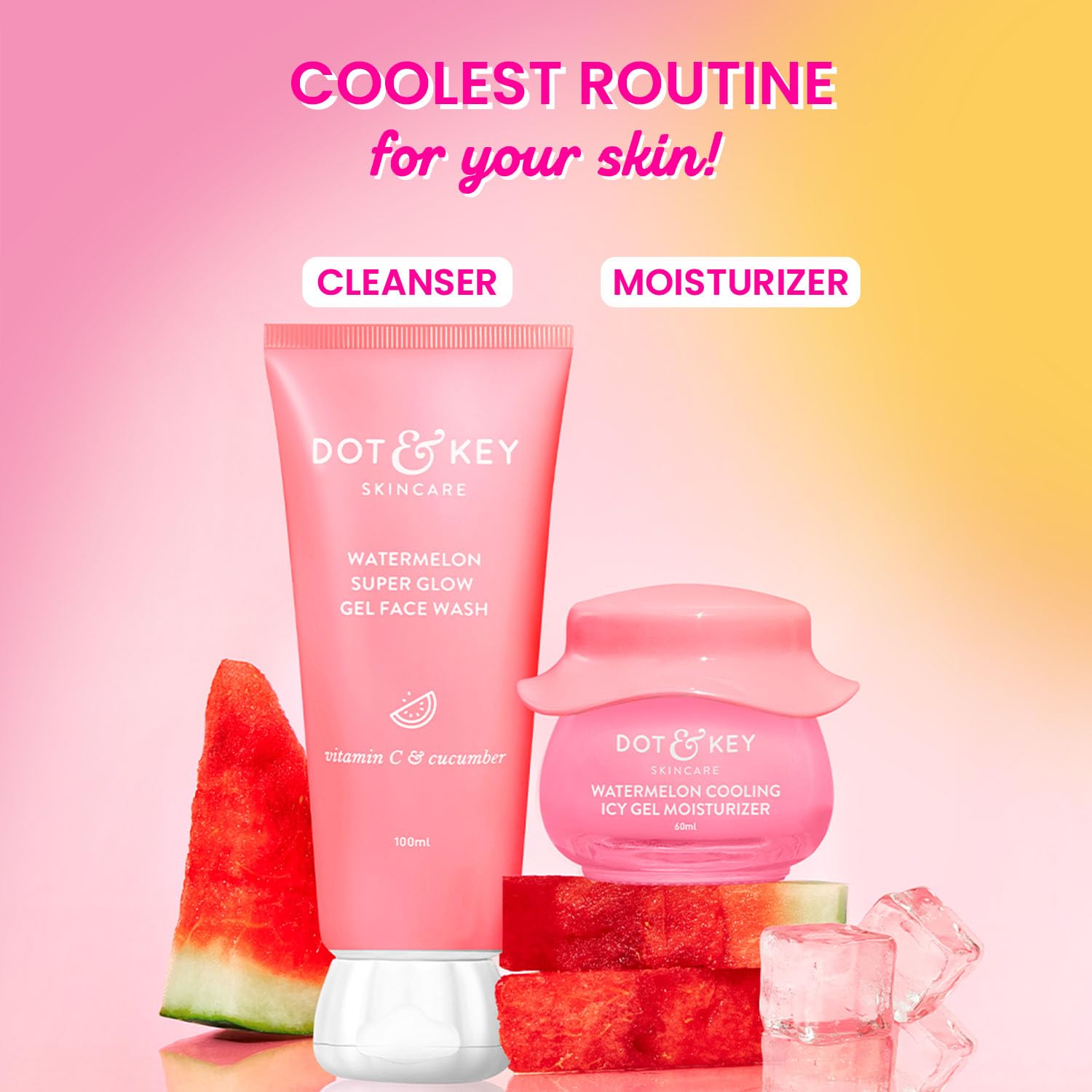 DOT & KEY Watermelon Cooling Gel Facewash and Icy Gel Moisturizer Combo, 100ml + 60ml, for Normal, Combination and Oily Skin 