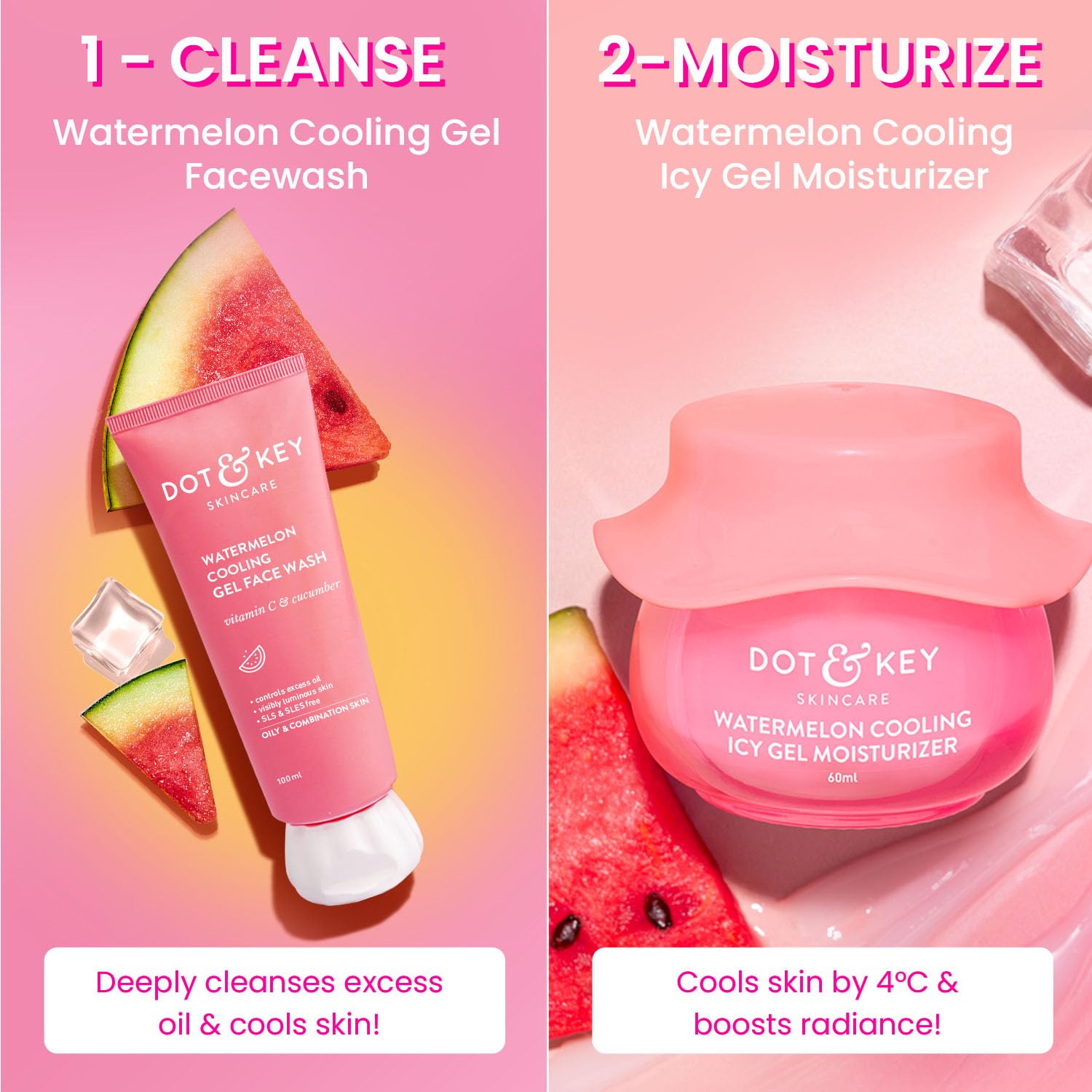 DOT & KEY Watermelon Cooling Gel Facewash and Icy Gel Moisturizer Combo, 100ml + 60ml, for Normal, Combination and Oily Skin 