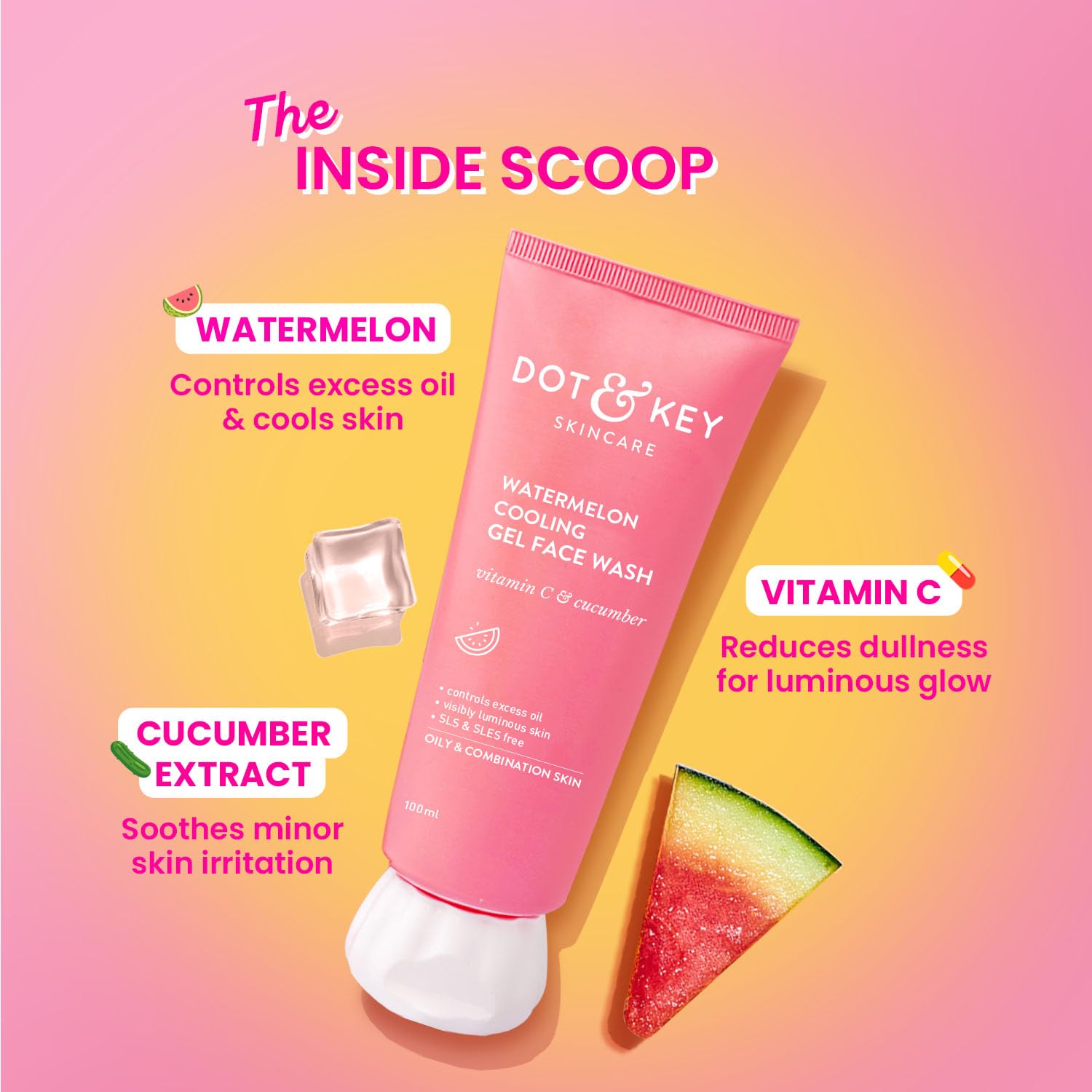 DOT & KEY Watermelon Cooling Gel Facewash and Icy Gel Moisturizer Combo, 100ml + 60ml, for Normal, Combination and Oily Skin 