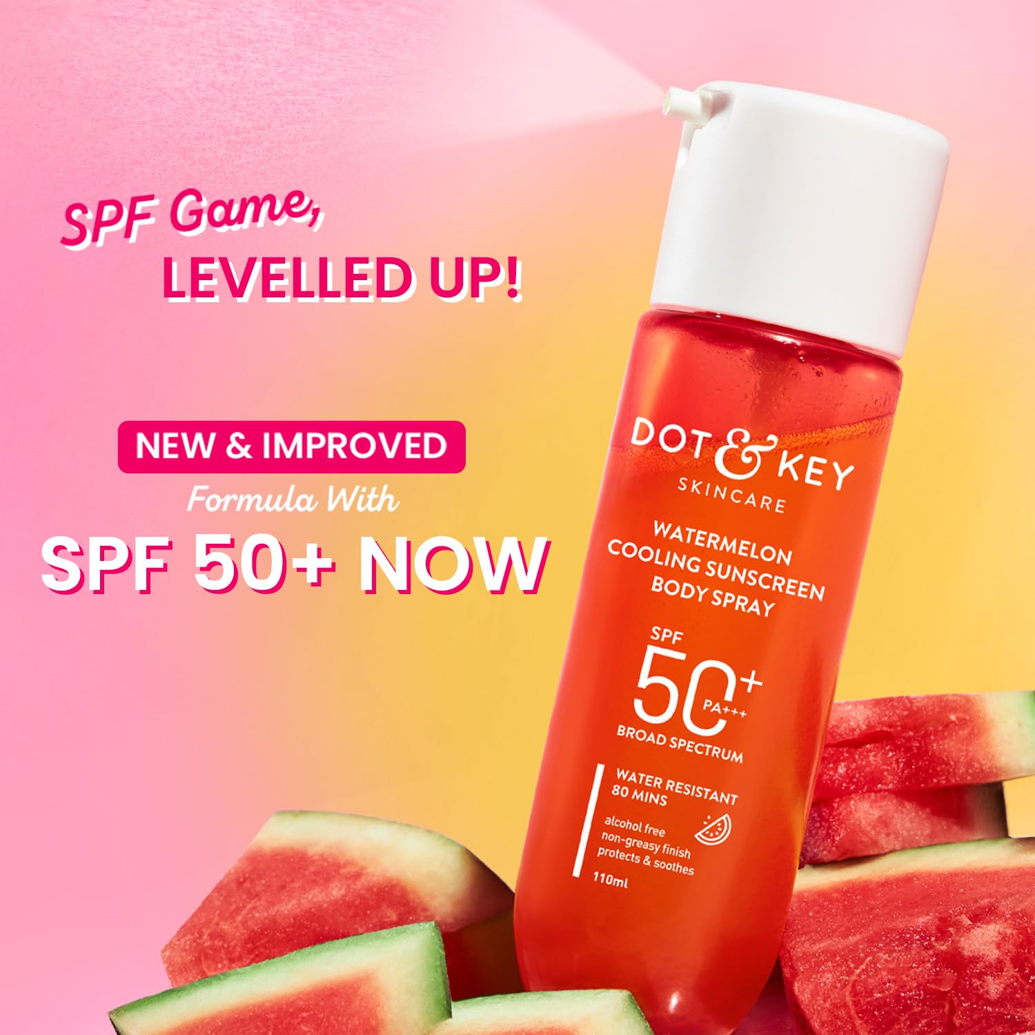 DOT & KEY Watermelon Cooling Sunscreen Body Spray, SPF 50 PA+++, 110ml, Broad Spectrum UVA/UVB, Alcohol-Free, Non-Greasy - ba