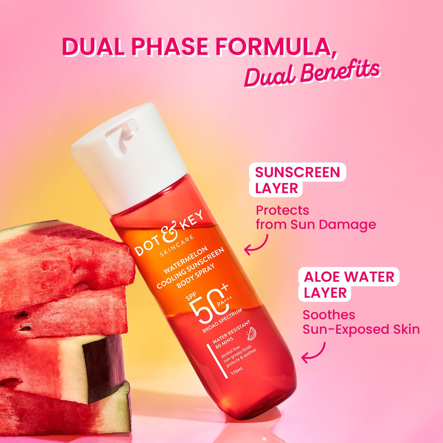 DOT & KEY Watermelon Cooling Sunscreen Body Spray, SPF 50 PA+++, 110ml, Broad Spectrum UVA/UVB, Alcohol-Free, Non-Greasy - pa