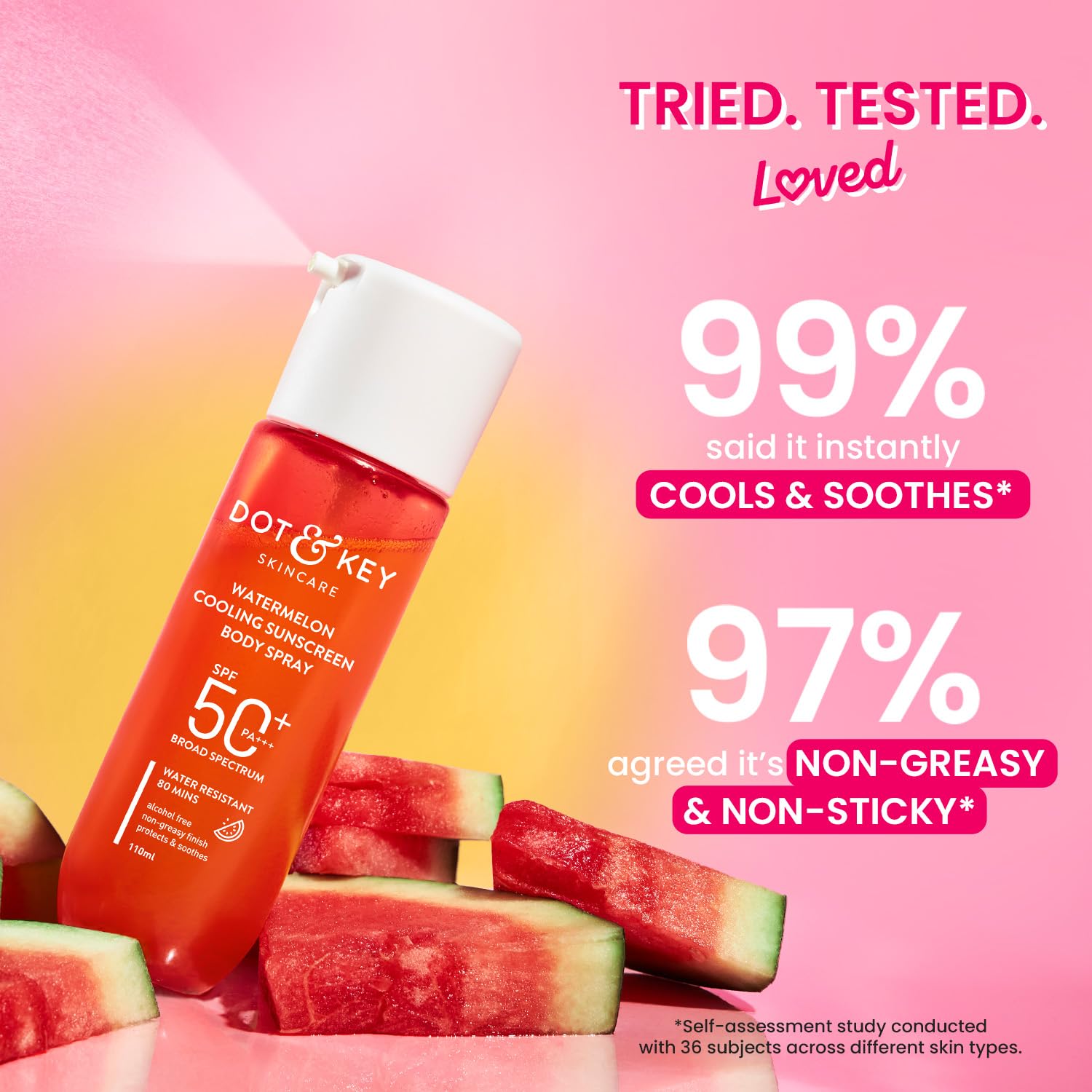 DOT & KEY Watermelon Cooling Sunscreen Body Spray, SPF 50 PA+++, 110ml, Broad Spectrum UVA/UVB, Alcohol-Free, Non-Greasy - cl