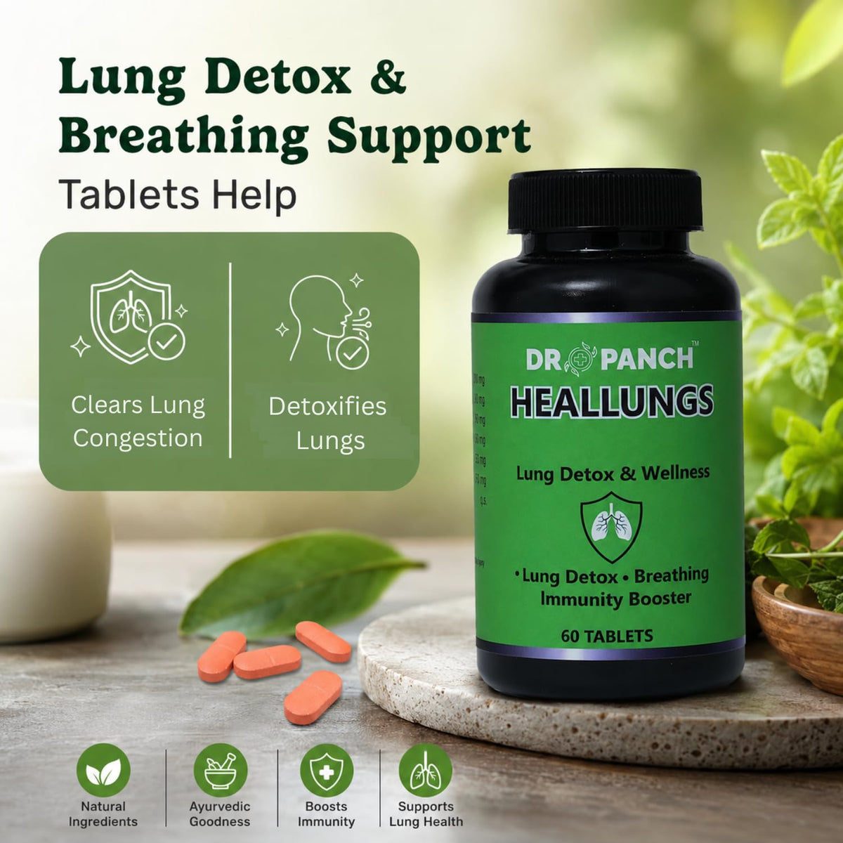 DR PANCH Heallungs Ayurvedic Herbal Supplement, 60 Tablets, Vasa, Mulethi, Sitopaladi, Giloy, Haldi - back view