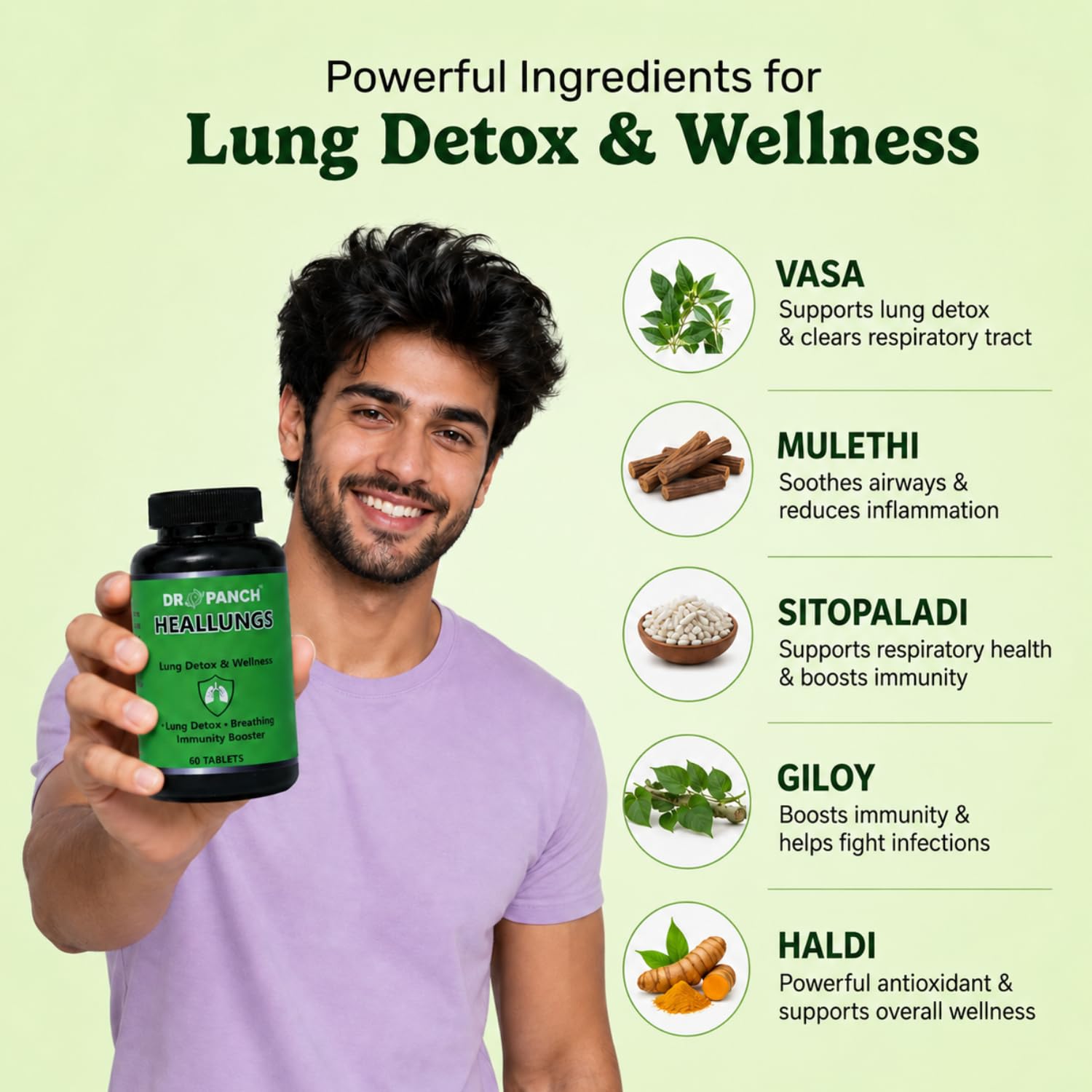 DR PANCH Heallungs Ayurvedic Herbal Supplement, 60 Tablets, Vasa, Mulethi, Sitopaladi, Giloy, Haldi - ingredients panel