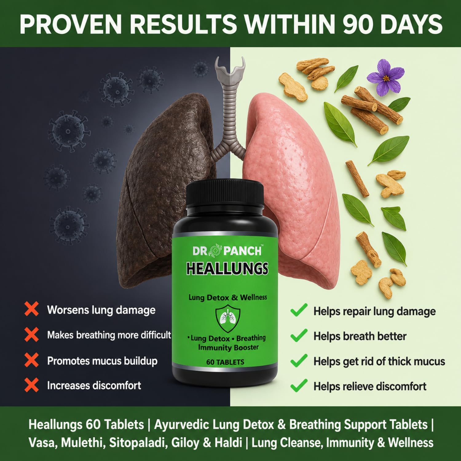 DR PANCH Heallungs Ayurvedic Herbal Supplement, 60 Tablets, Vasa, Mulethi, Sitopaladi, Giloy, Haldi - close-up detail