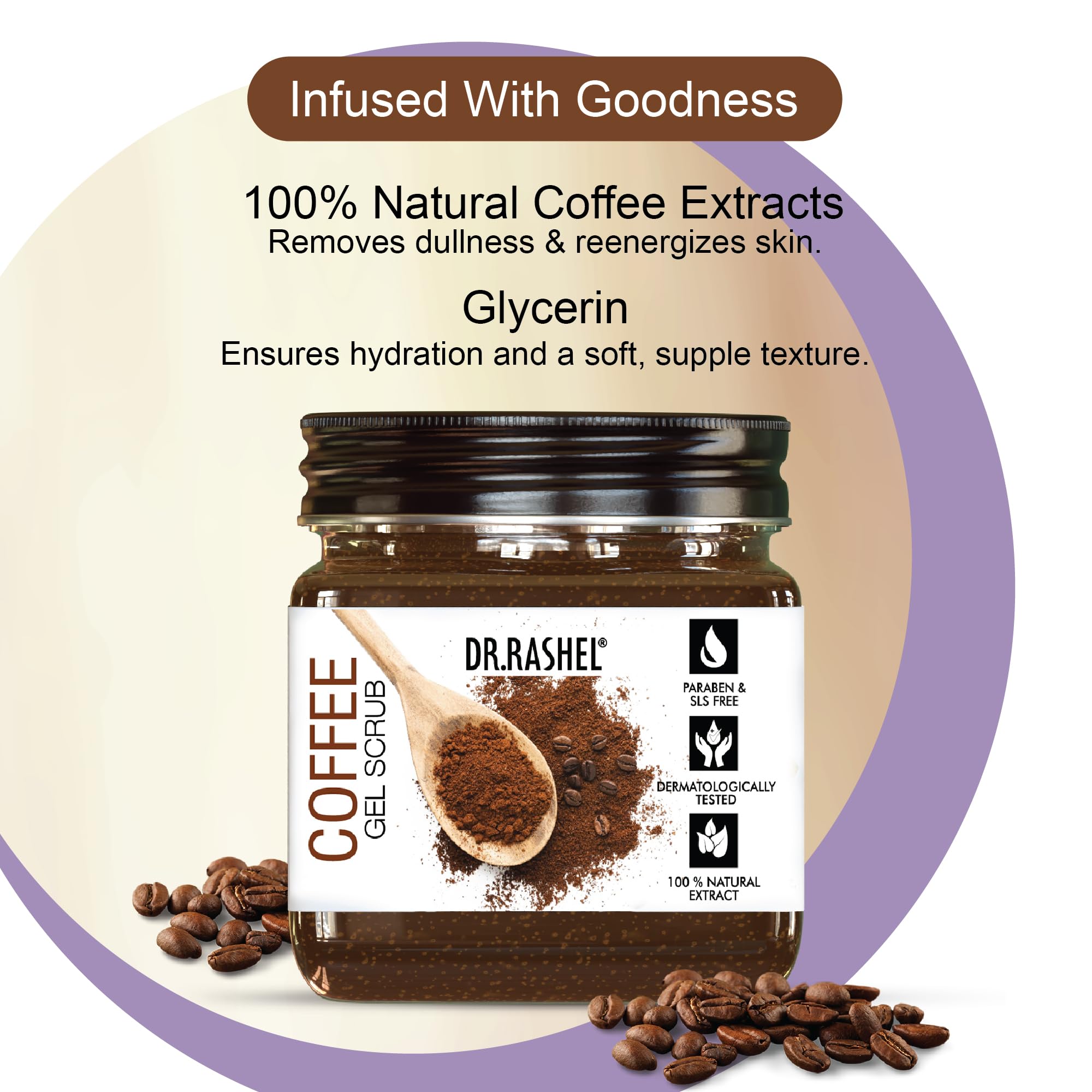 DR.RASHEL Coffee Gel Scrub for Face & Body with Coffee & Walnut Beads, 380ml - label detail