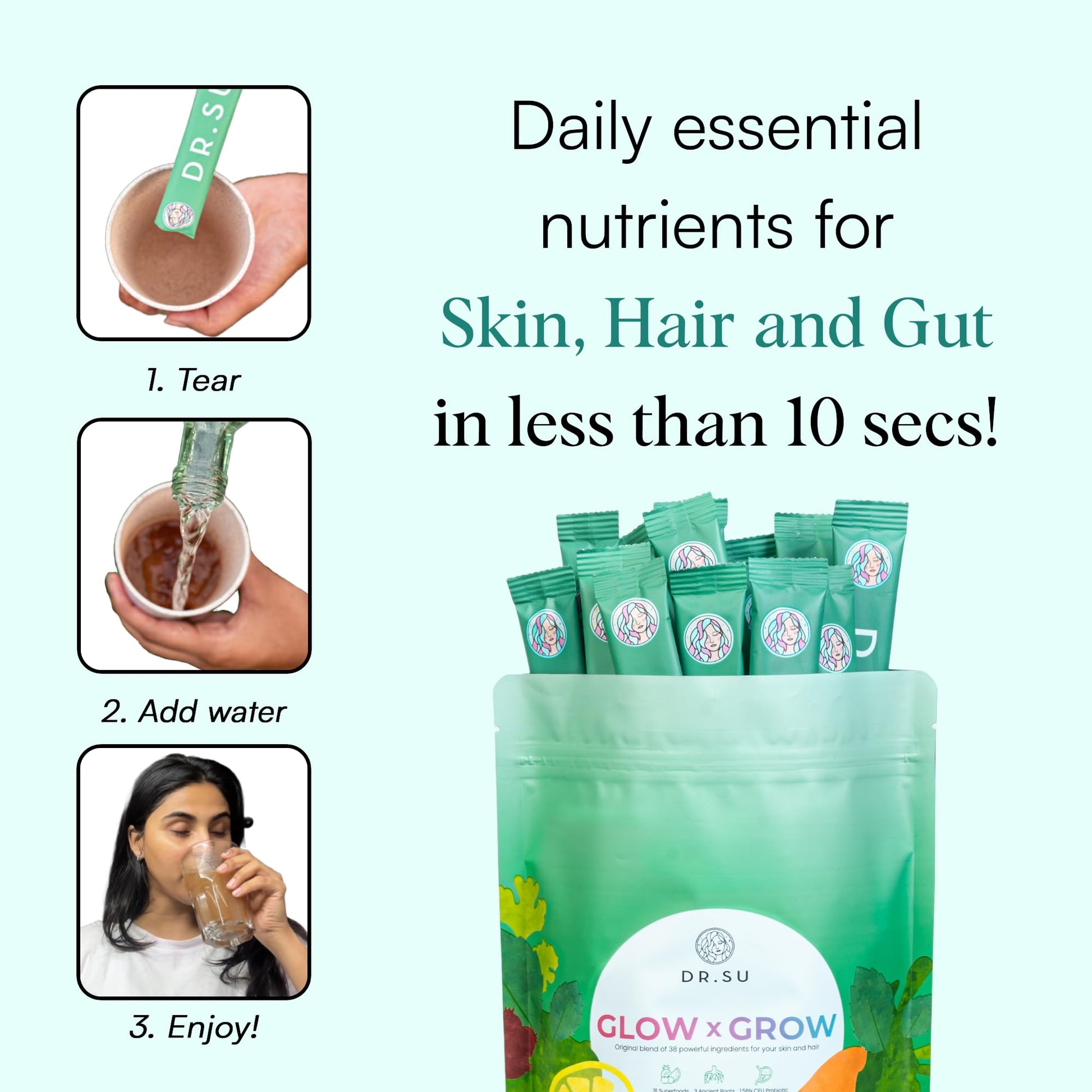 Dr.Su Biotin Nutritional Supplement Powder with Vitamins, Minerals, Probiotics & Adaptogens, Sugar-Free Lemon Mint - packagin