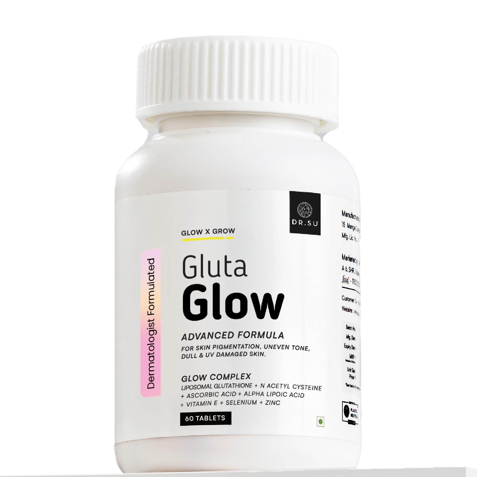 Dr.Su Gluta Glow Liposomal Glutathione Supplement, 500mg L-Glutathione with Vitamin C E Zinc Selenium NAC, 60 Capsules