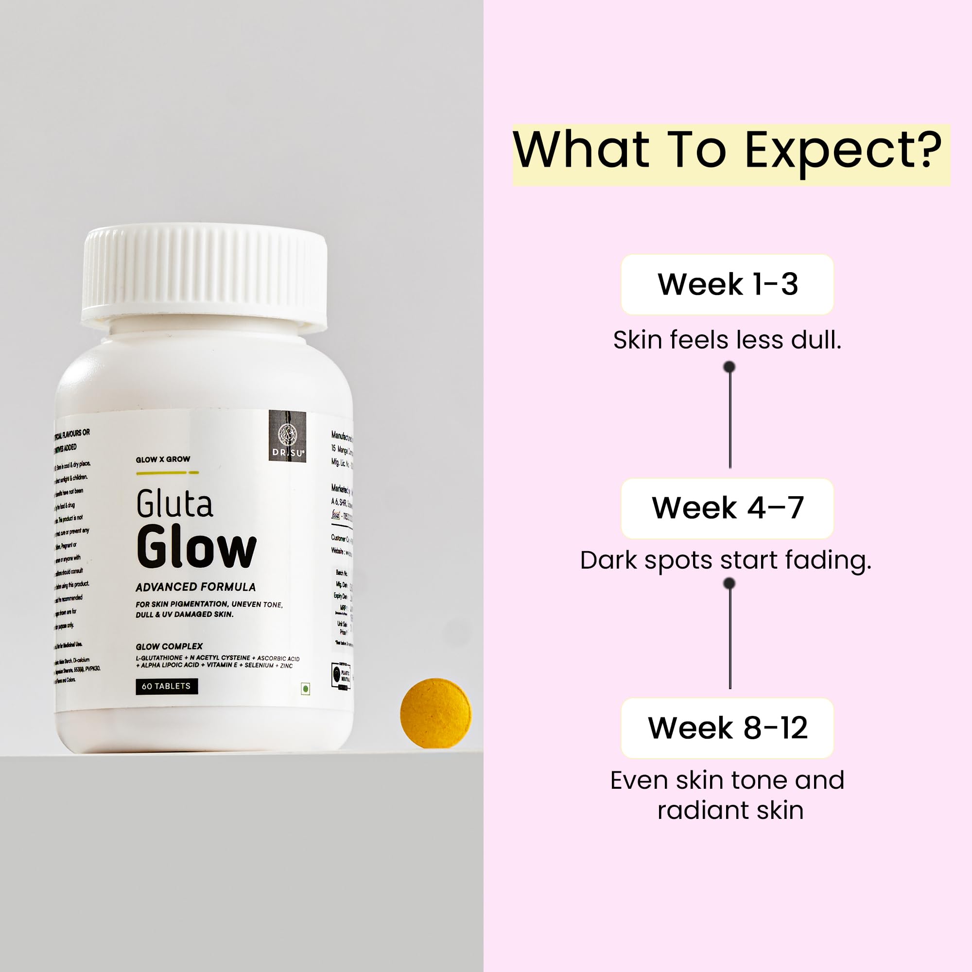 Dr.Su Gluta Glow Liposomal Glutathione Supplement, 500mg L-Glutathione with Vitamin C E Zinc Selenium NAC, 60 Capsules - clos