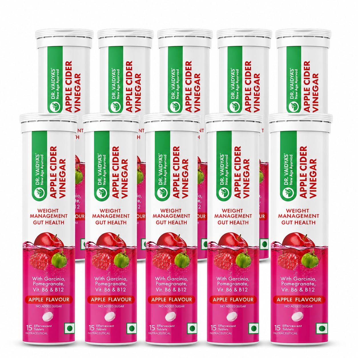 Dr. Vaidya's Apple Cider Vinegar Effervescent Tablets with Garcinia & Pomegranate, 15 Tablets, Apple Flavour