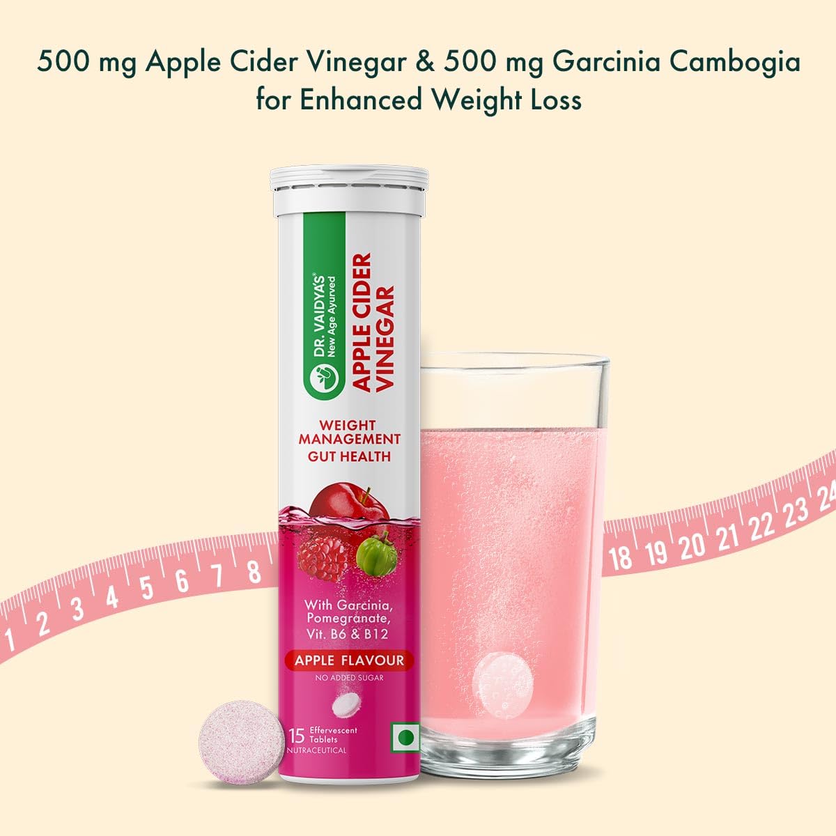 Dr. Vaidya's Apple Cider Vinegar Effervescent Tablets with Garcinia & Pomegranate, 15 Tablets, Apple Flavour - front view (11