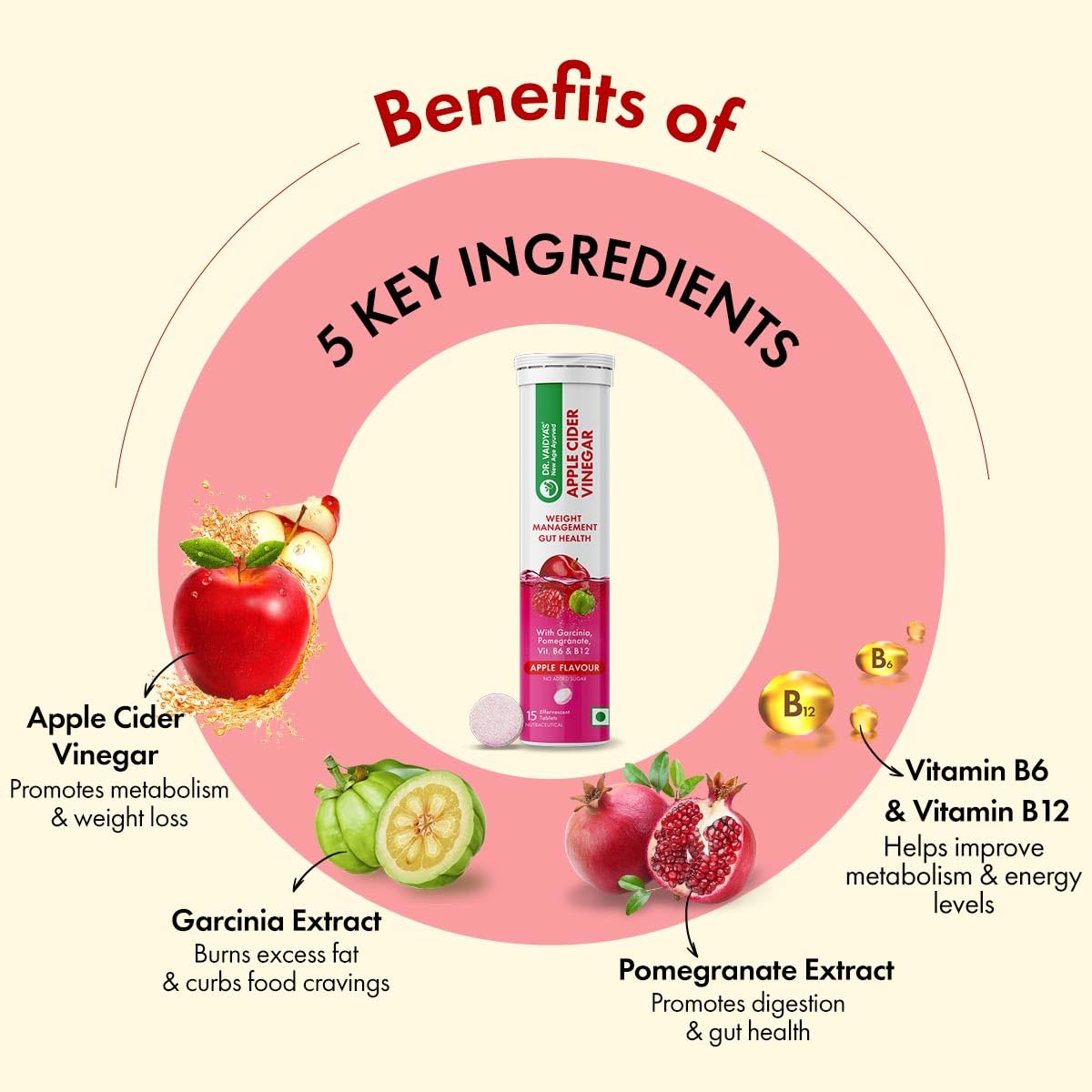 Dr. Vaidya's Apple Cider Vinegar Effervescent Tablets with Garcinia & Pomegranate, 15 Tablets, Apple Flavour - back view (12)
