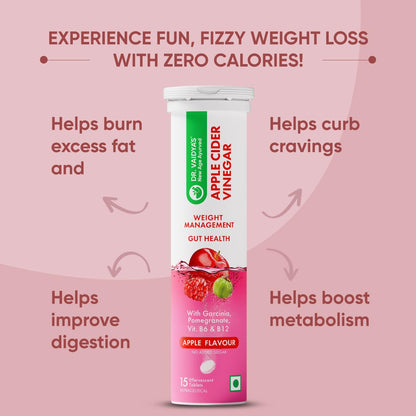 Dr. Vaidya's Apple Cider Vinegar Effervescent Tablets with Garcinia & Pomegranate, 15 Tablets, Apple Flavour - front view