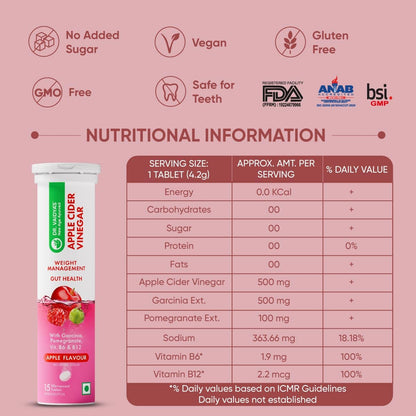 Dr. Vaidya's Apple Cider Vinegar Effervescent Tablets with Garcinia & Pomegranate, 15 Tablets, Apple Flavour - ingredients pa