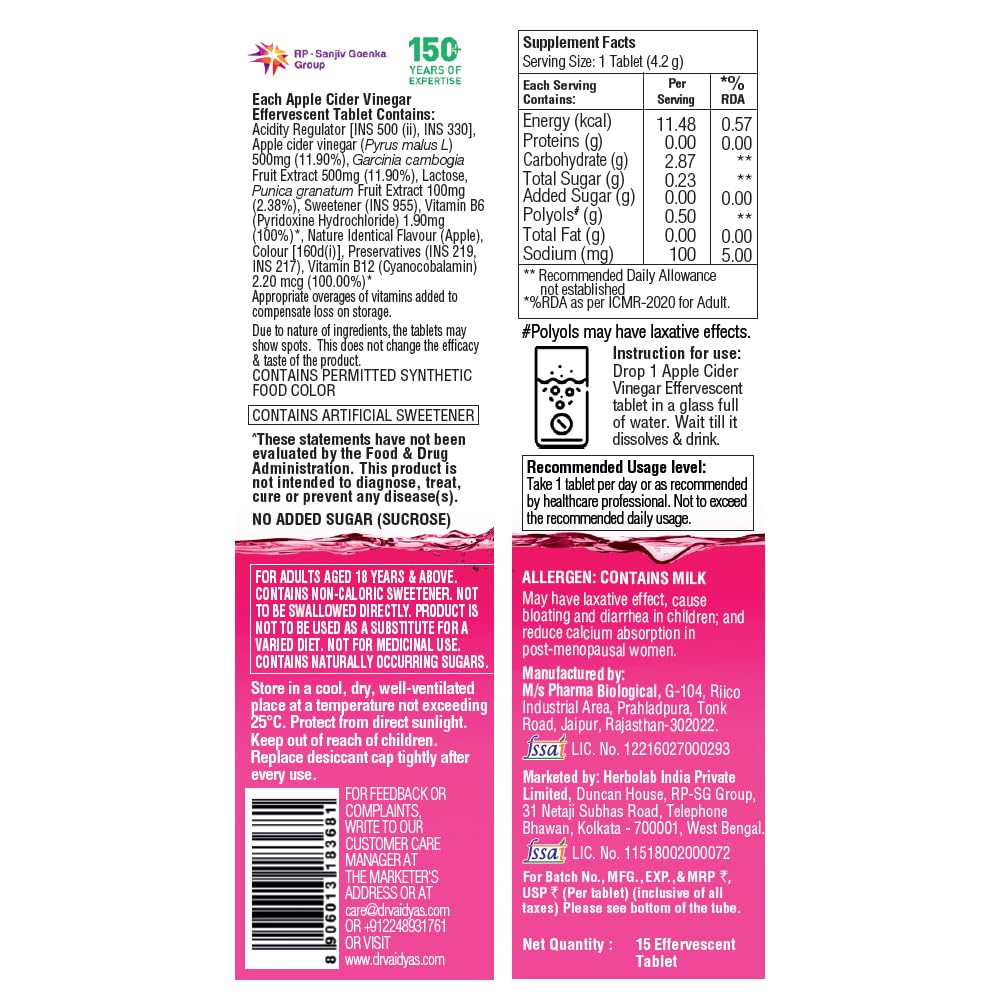 Dr. Vaidya's Apple Cider Vinegar Effervescent Tablets with Garcinia & Pomegranate, 15 Tablets, Apple Flavour - size and scale